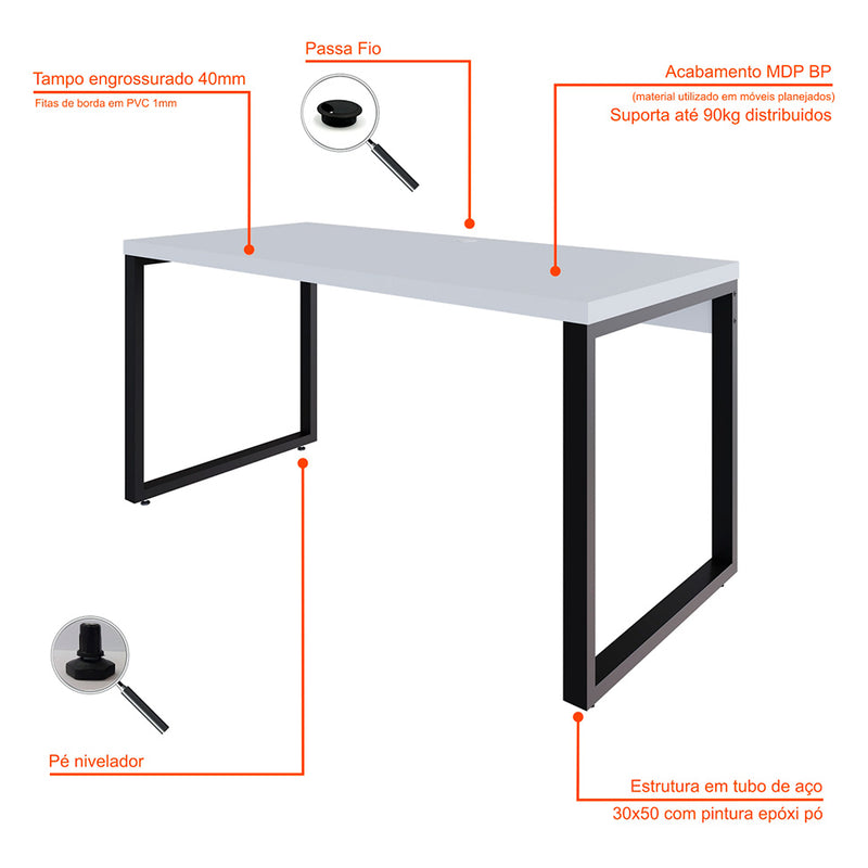 Mesa de Escritório Retangular Miguel Branca e Preta 150 cm